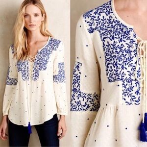 Anthropologie Vanessa Virginia Cream Blue Embroidered Peasant Blouse